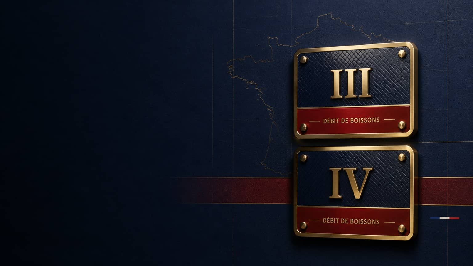 Plaques de Licences III et IV en laiton doré, sur fond bleu nuit et rouge