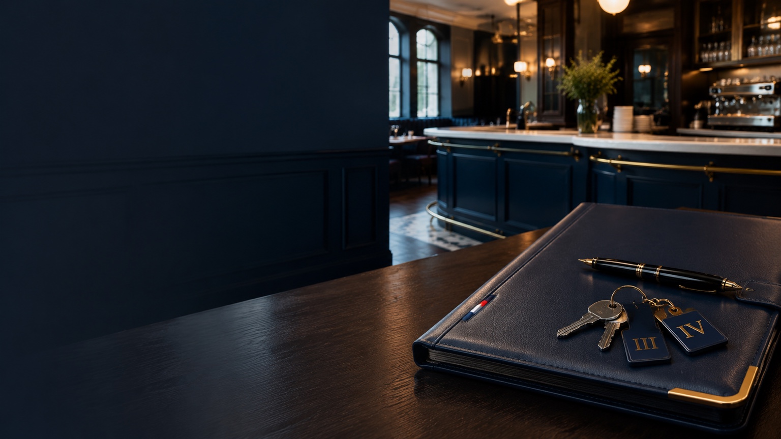 Un dossier en cuir bleu et des clés de Licences III et IV dans une brasserie